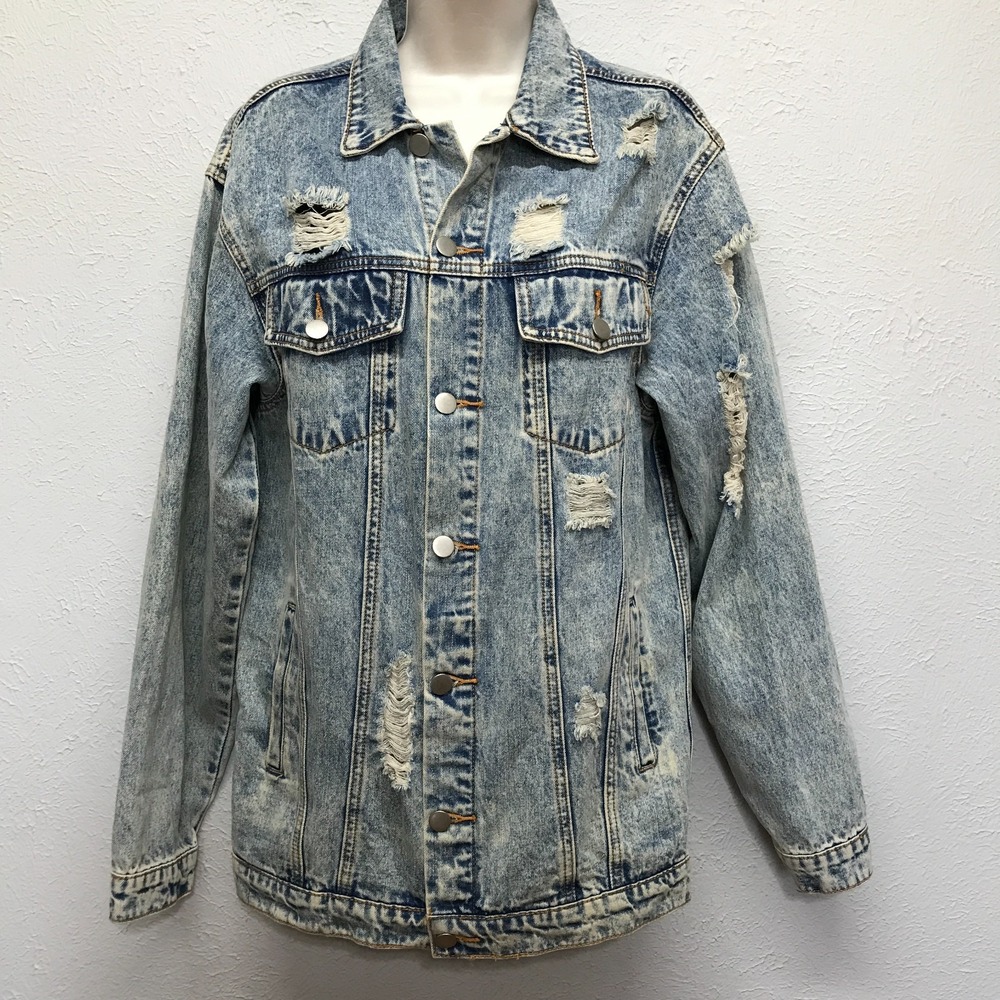 Umgee Distressed Denim Jacket Womens Small S Acid Wash Ripped Oversized Trucker